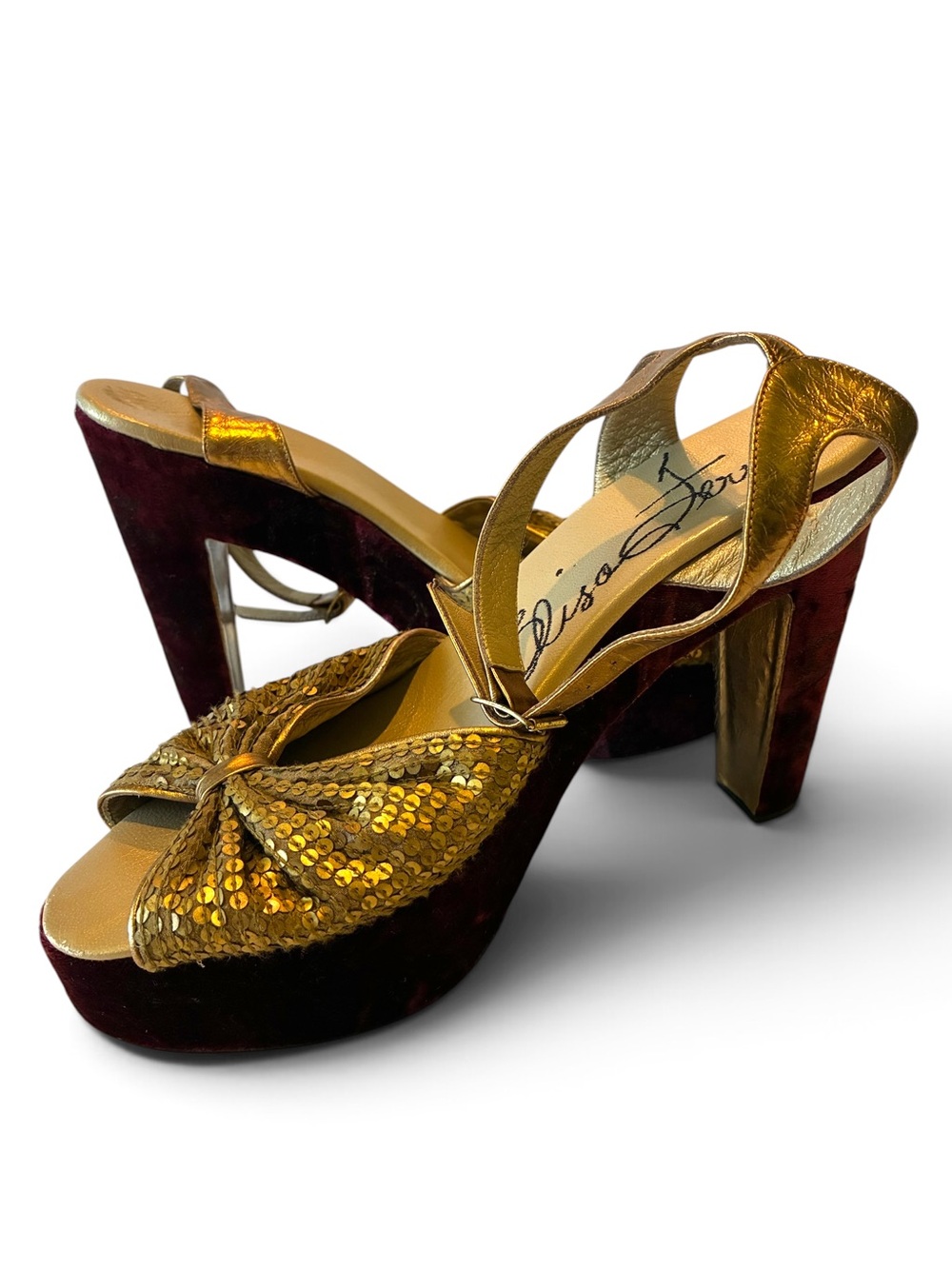 Elysa Ferrari platform sandals. Ankle strap sequined leather, flocked velvet. 10